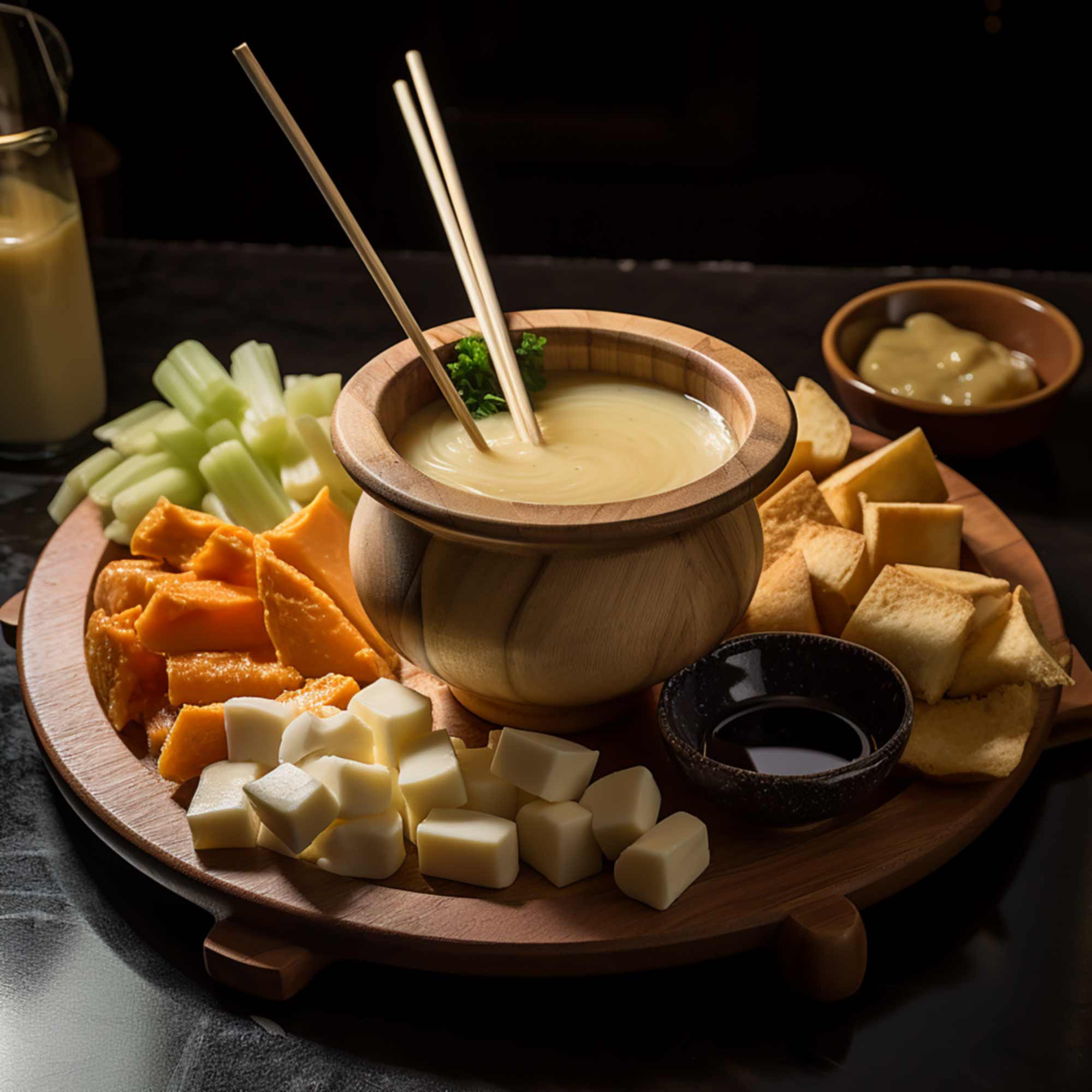 bamboo skewers charcuterie board cheese celery bread sauce vegetables