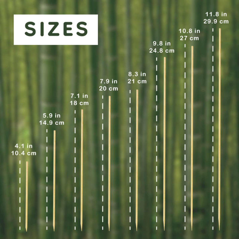 bamboo 3mm millimeter sharp point skewers sizes 4.1" 5.9" 7.1" 7.9" 8.3" 9.8" 10.8" 11.8" inches length