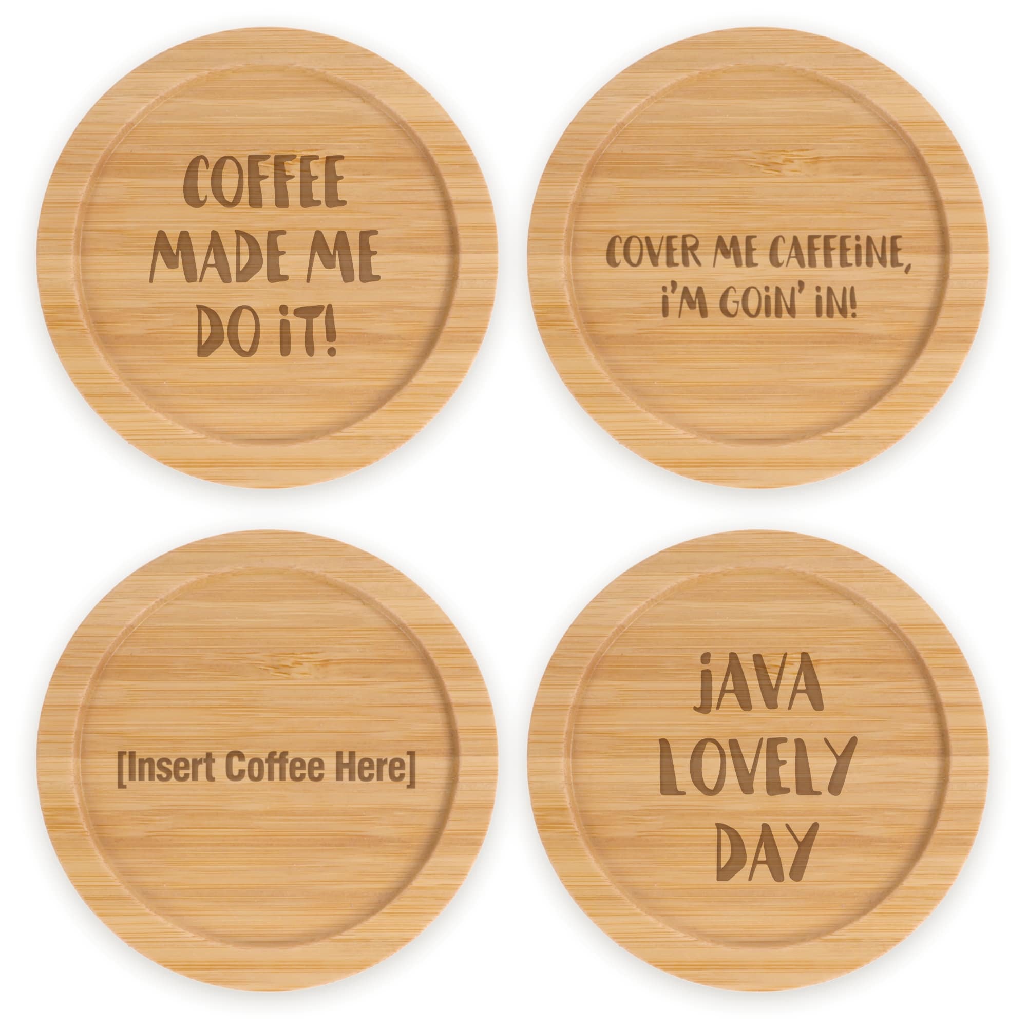 Coffee and Tea Phrases Engraved Bamboo Coaster Sets