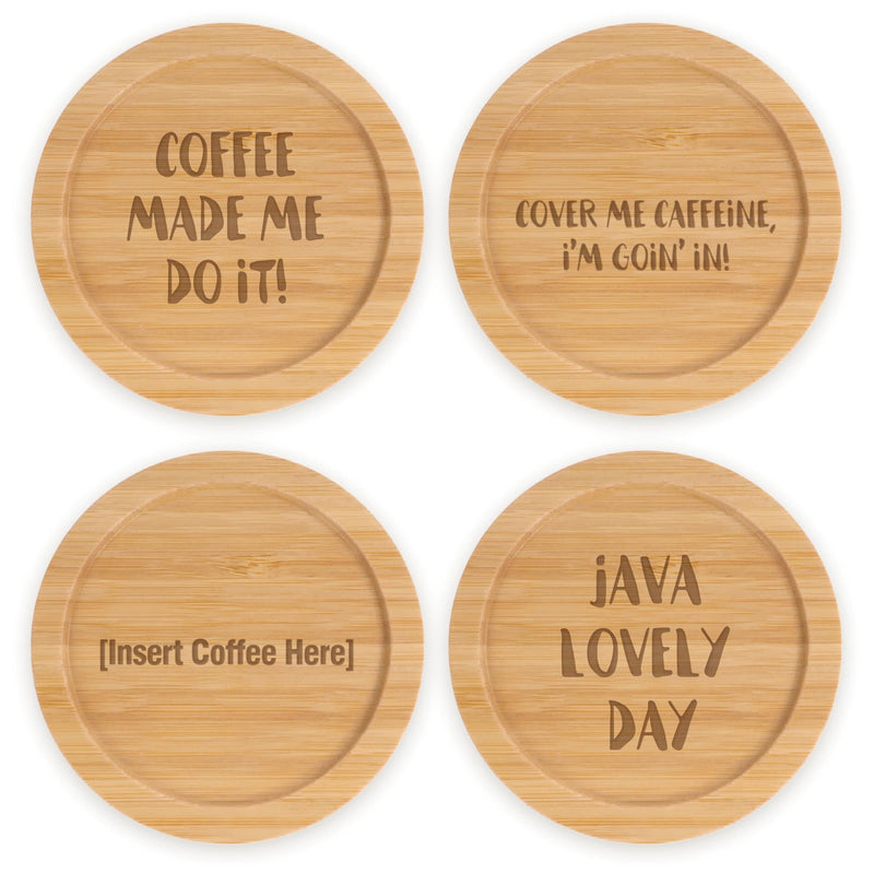 Coffee and Tea Phrases Engraved Bamboo Coaster Sets