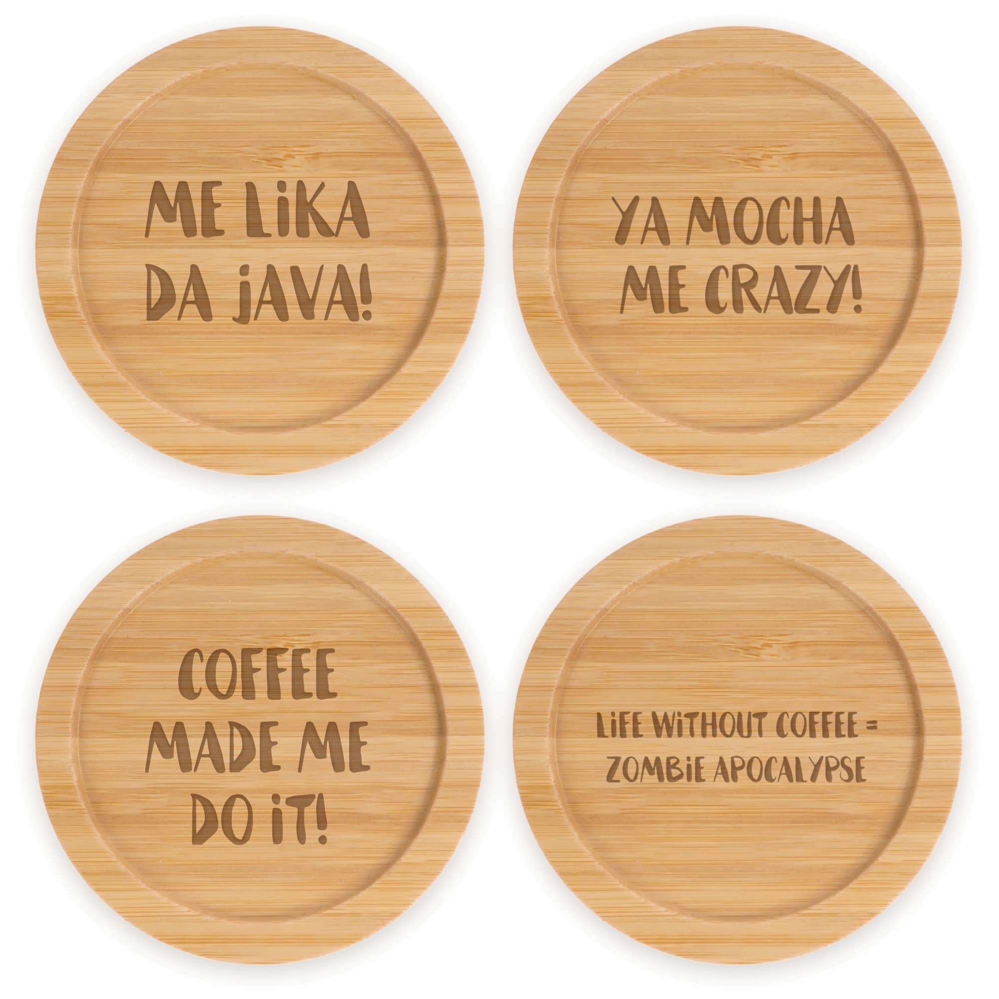 Coffee and Tea Phrases Engraved Bamboo Coaster Sets