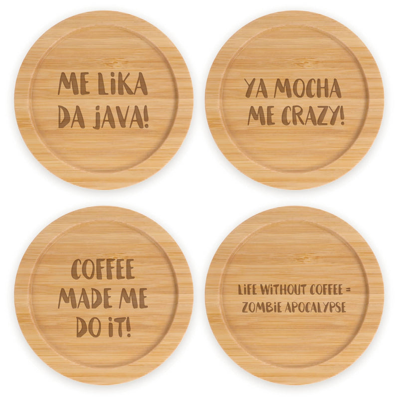 Coffee and Tea Phrases Engraved Bamboo Coaster Sets