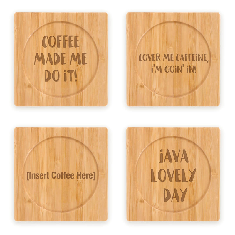 Coffee and Tea Phrases Engraved Bamboo Coaster Sets