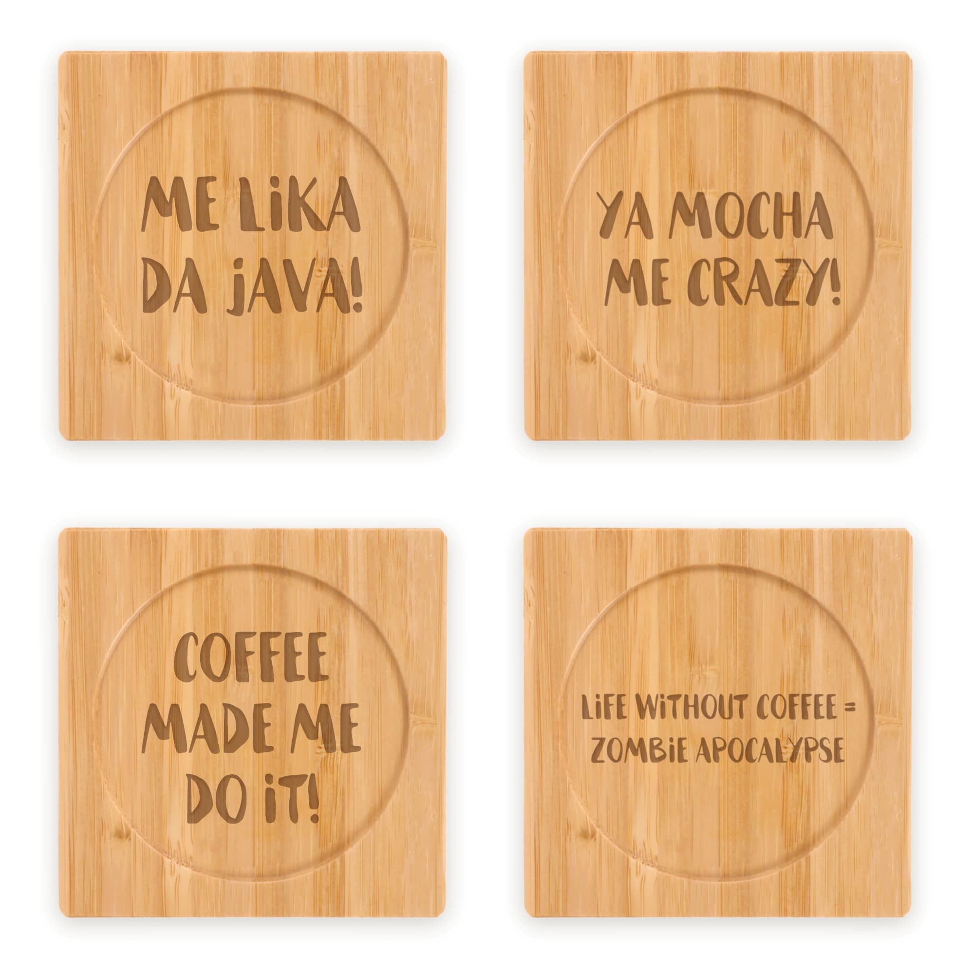 Coffee and Tea Phrases Engraved Bamboo Coaster Sets