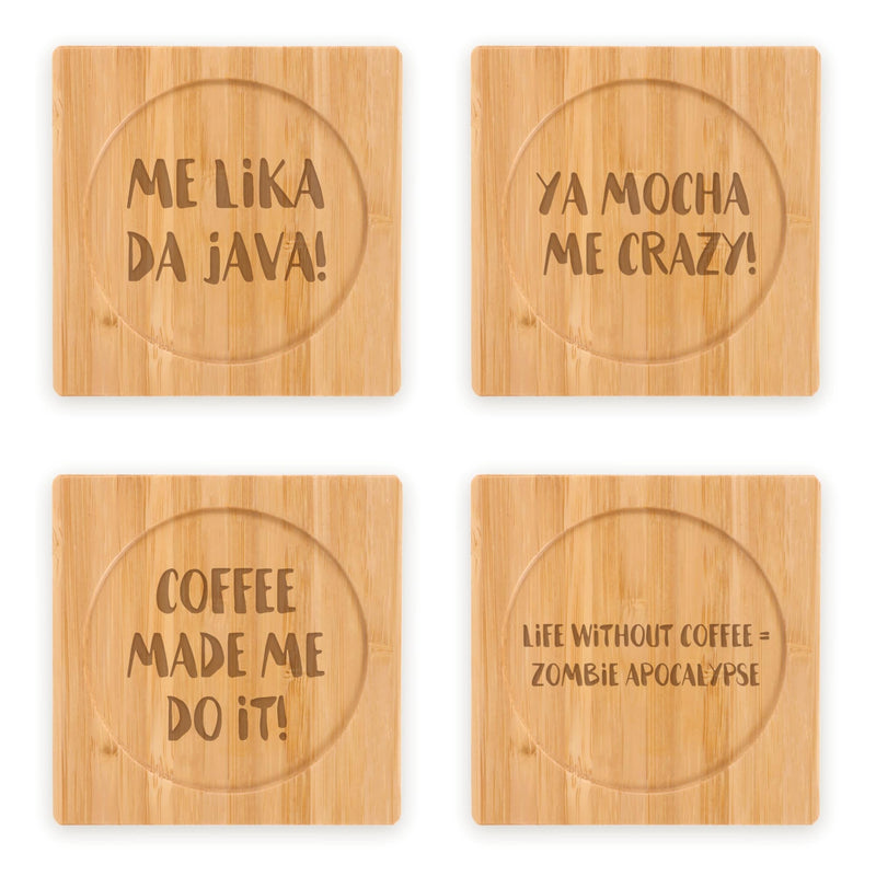 Coffee and Tea Phrases Engraved Bamboo Coaster Sets