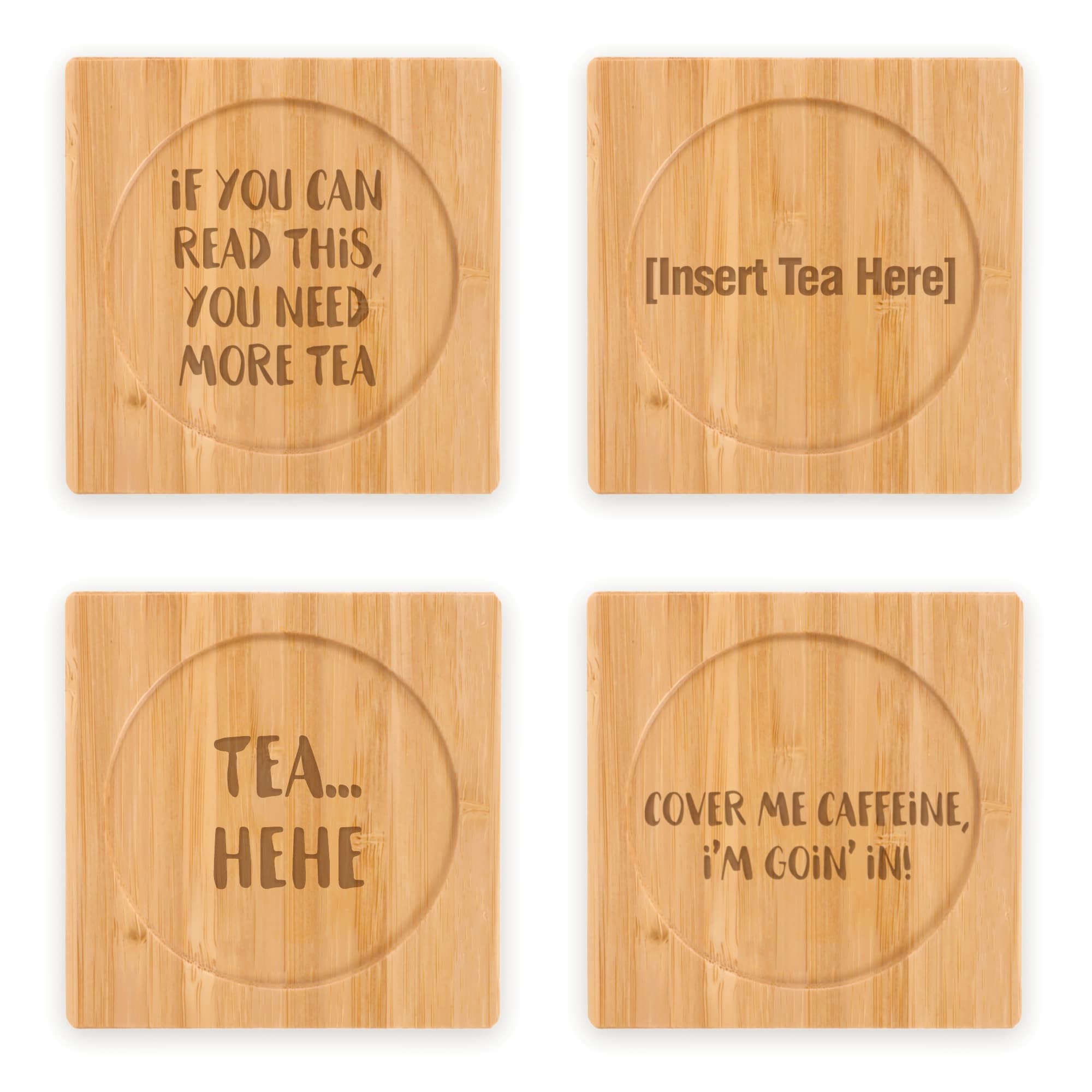 Coffee and Tea Phrases Engraved Bamboo Coaster Sets