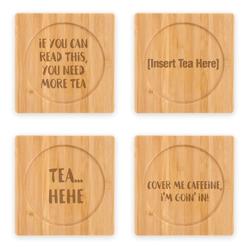 Coffee and Tea Phrases Engraved Bamboo Coaster Sets