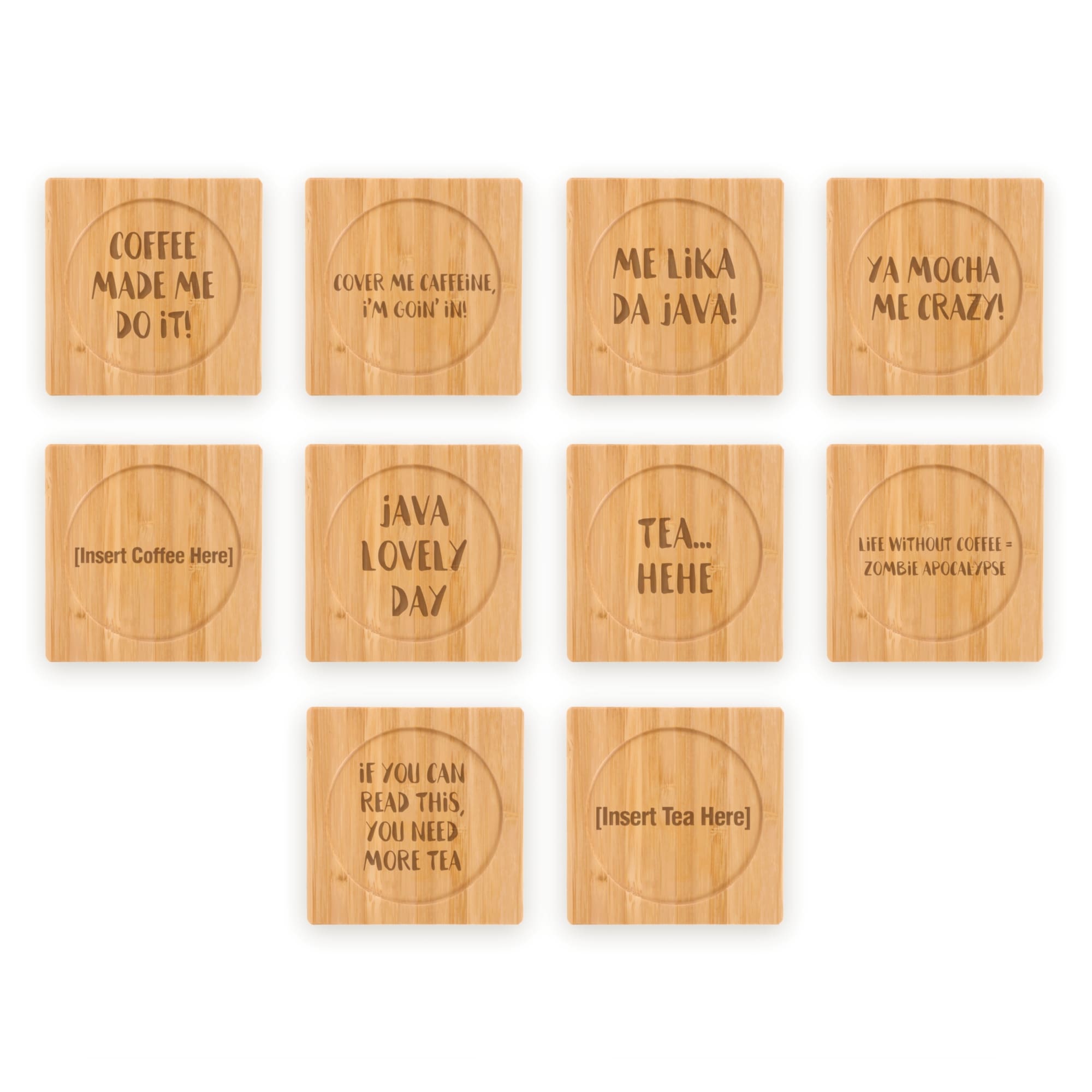 Coffee and Tea Phrases Engraved Bamboo Coaster Sets