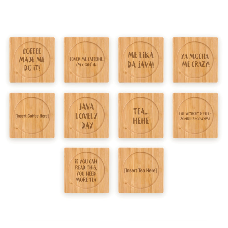 Coffee and Tea Phrases Engraved Bamboo Coaster Sets