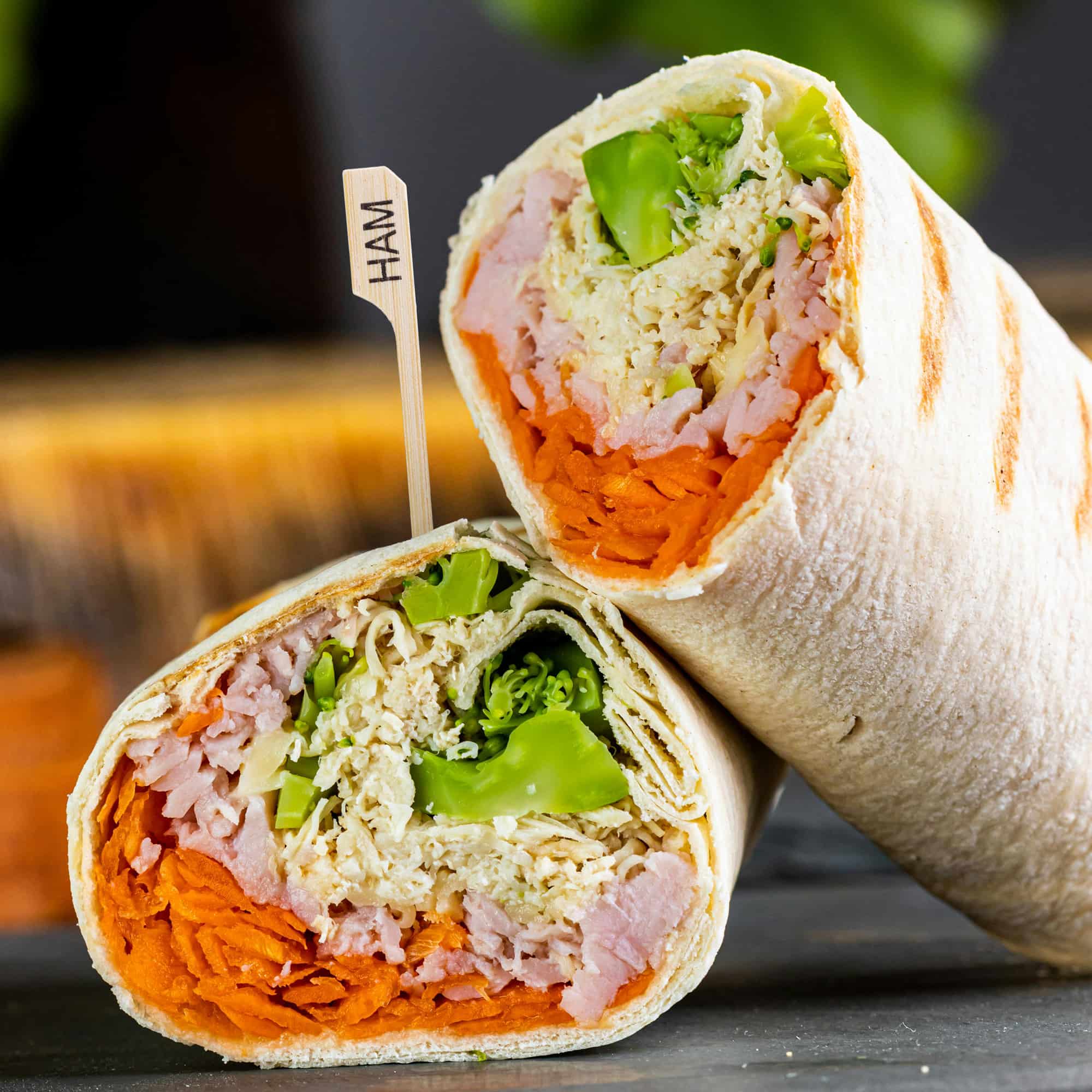bamboo paddle pick skewer stick food marker ham wrap burrito veggies vegetables