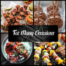 bamboo skewer kebab grill food plate sauce rice vegetables caramel apple nuts for many occasions dessert