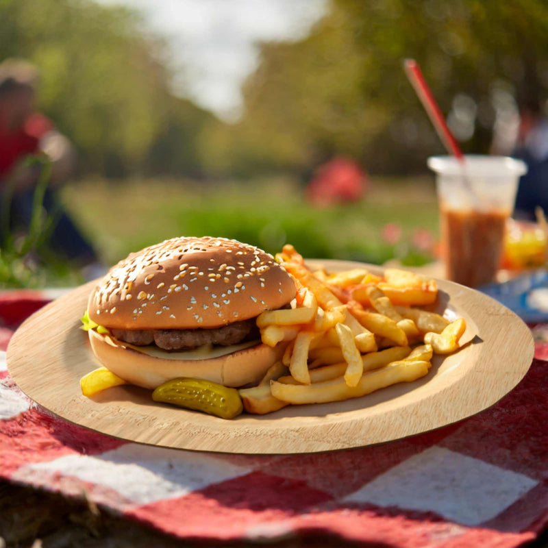 bamboo veneer round disposable plate burger cheeseburger fries pickle picnic summer drink catering grilling