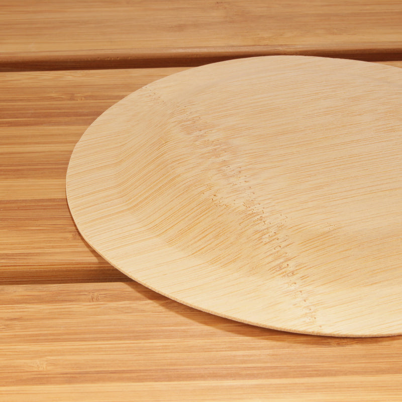 bamboo veneer round appetizer food plate bottom closeup