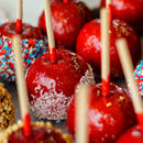 bamboo food skewer red candy apple sprinkles crushed nuts