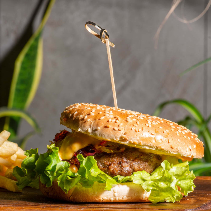 black bamboo knot picks skewers toothpicks burger hamburger topper fries restaurant