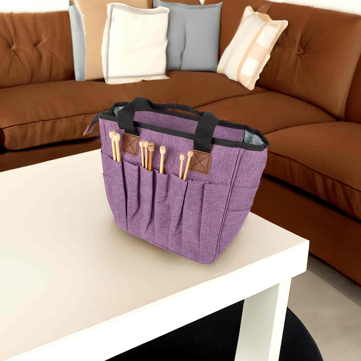 Knitting & Yarn Organizer Tote Bag - Purple Flower Pattern, Fabric Storage For Sewing & Craft Supplies