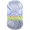 bulky rope yarn skein, flat shiny strands, iridescent light blue