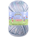 bulky rope yarn skein, flat shiny strands, iridescent light blue