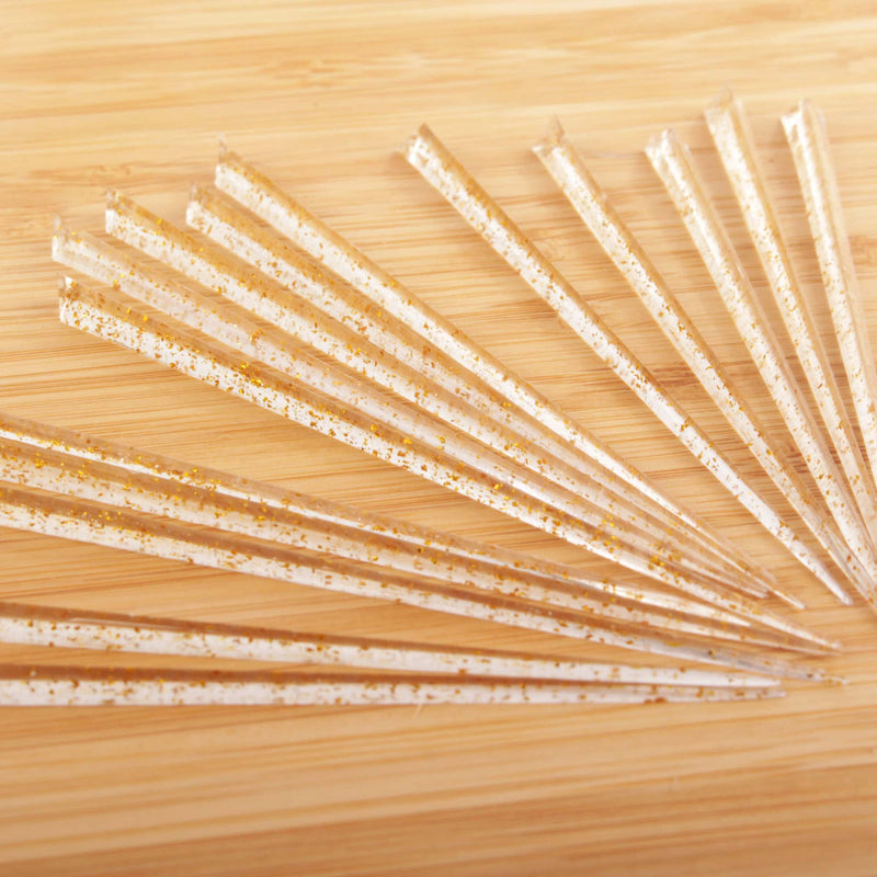 3.5" gold glitter prism plastic skewer picks on bamboo wood