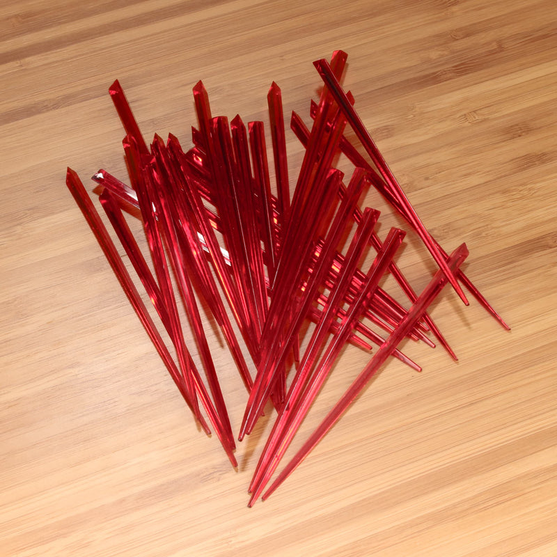3.5" red prism plastic skewer picks on bamboo wood