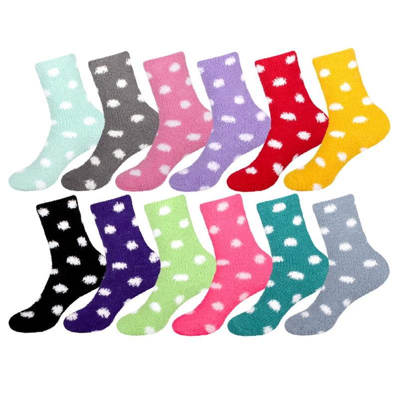 Women's Fuzzy Polka Dots Socks: 12 Pairs