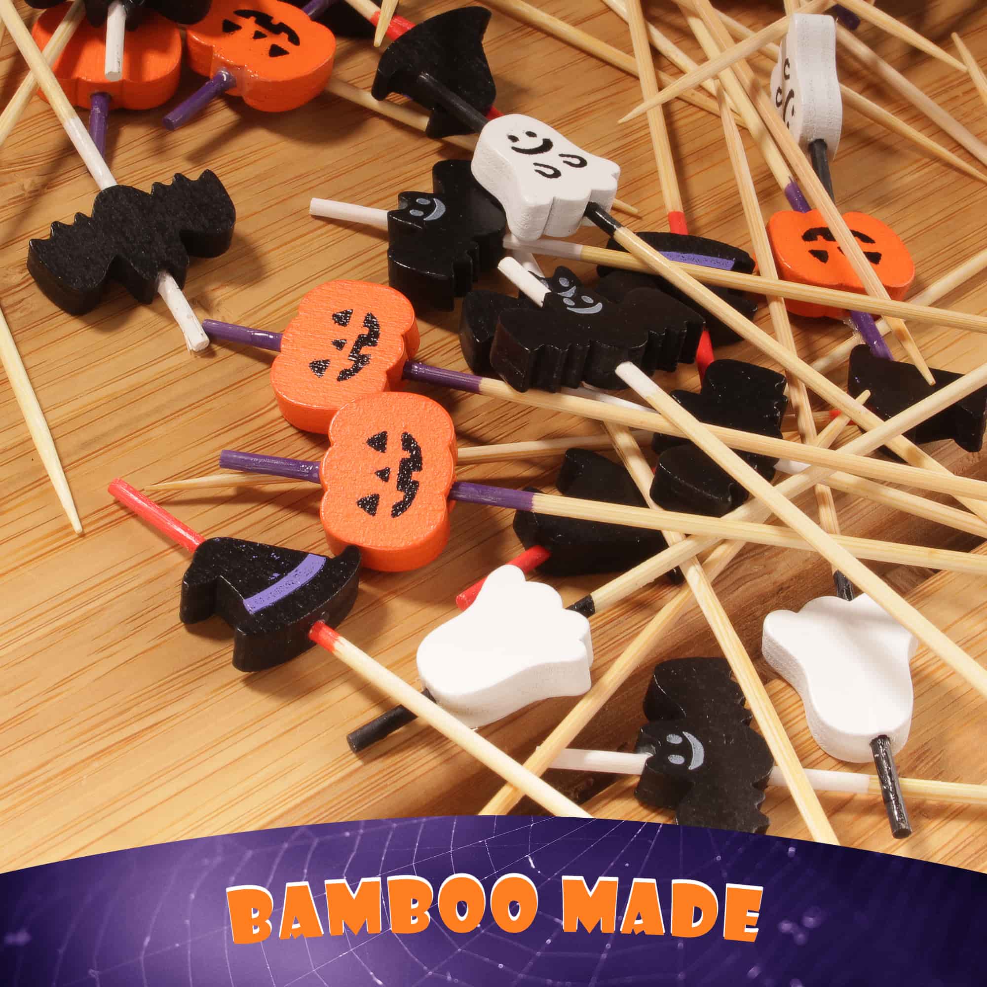 halloween holiday full ghost witch hat pumpkin bat bamboo made food drinks appetizer dessert