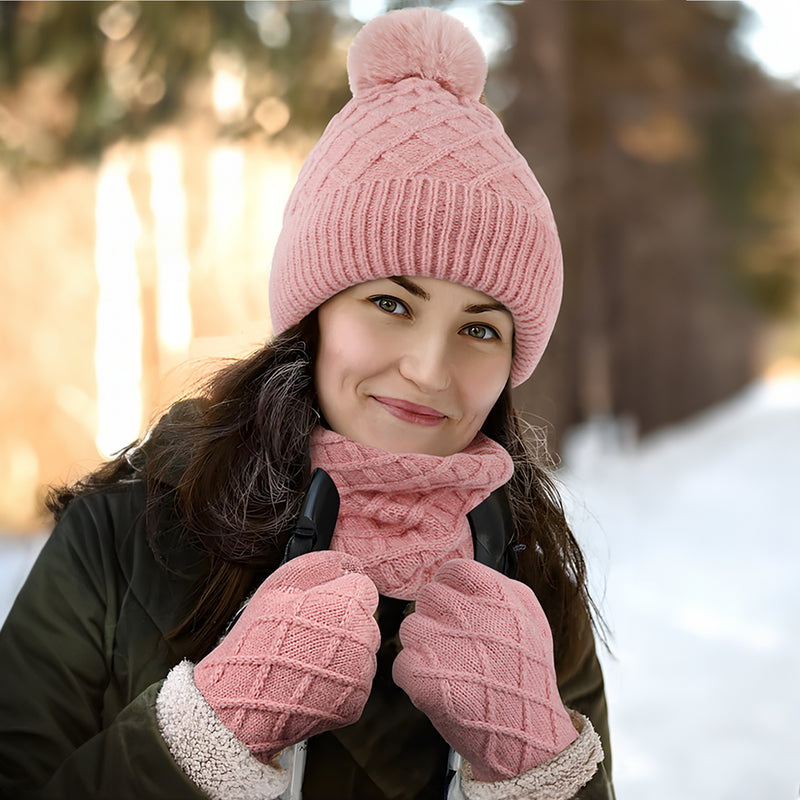 Unisex Winter Pom Pom Beanie Hat, Infinity Scarf and Glove Set