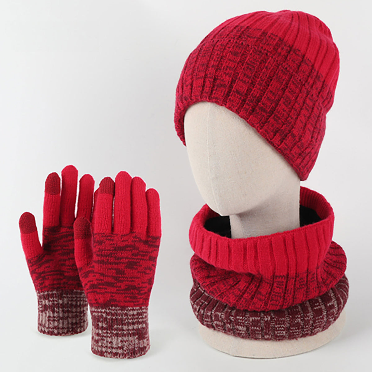 【BAON】Winted Ribbed Gloves Muffler Beanie Set 3-Pieces Winter Beanie Hat Scarf and Touch Screen Gloves Set