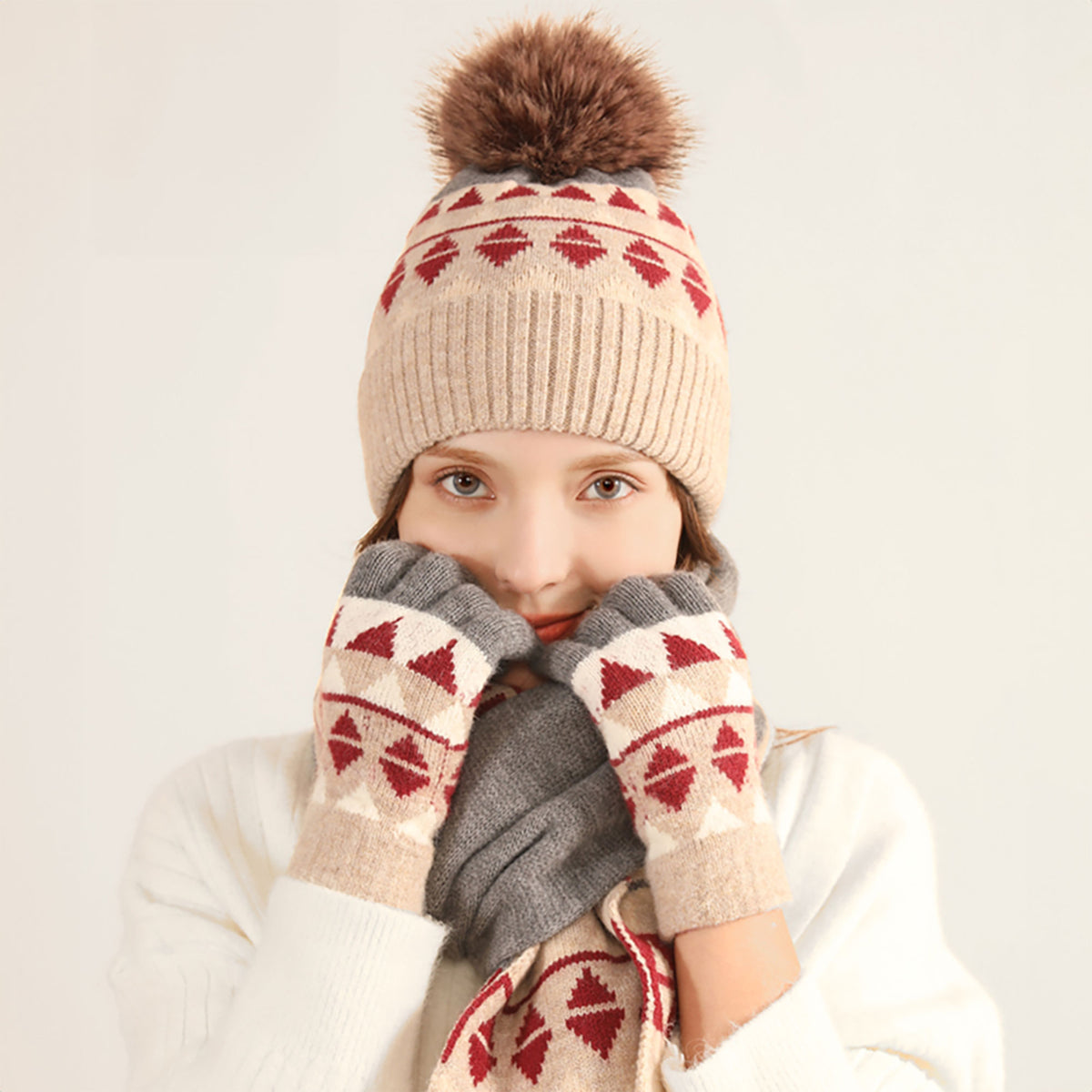 Pom Pom Beanie Hat Scarf Gloves Set Winter Hats And Gloves