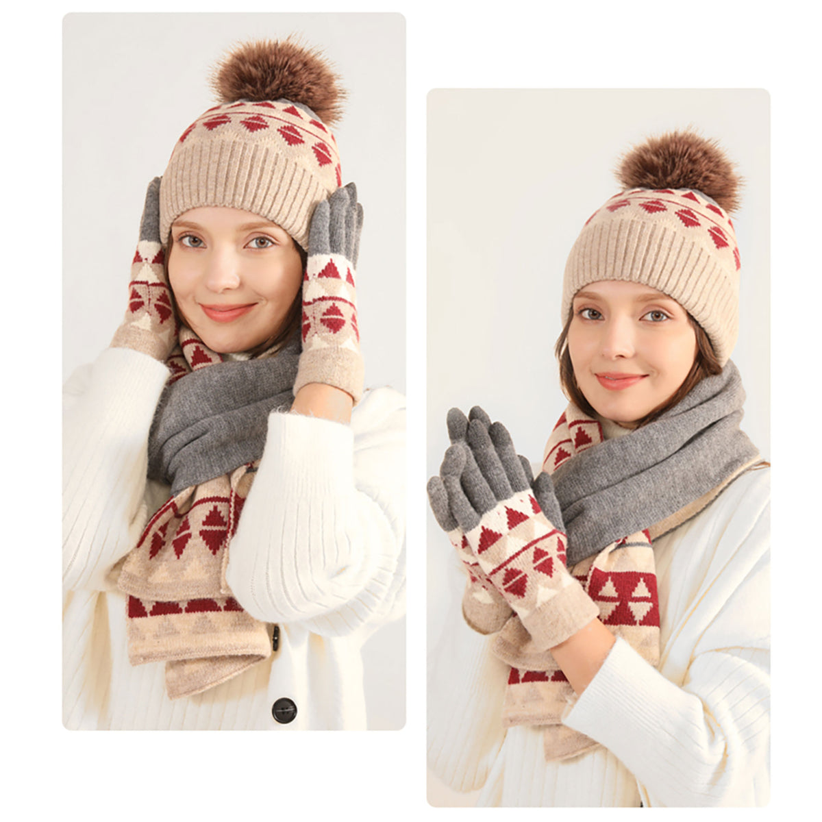 BambooMN Women's Winter Fleeced Pom Pom Beanie Hat And Mittens Set - Super Soft, Warm, One Size Fits Most - View #6