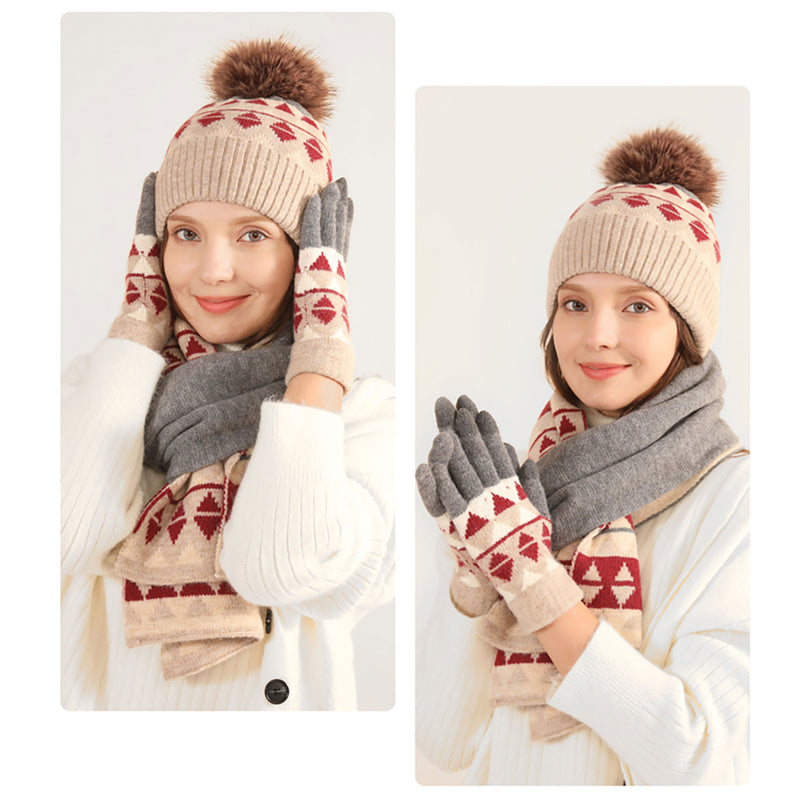 Unisex Winter Pom Pom Beanie Hat, Scarf and Glove Set