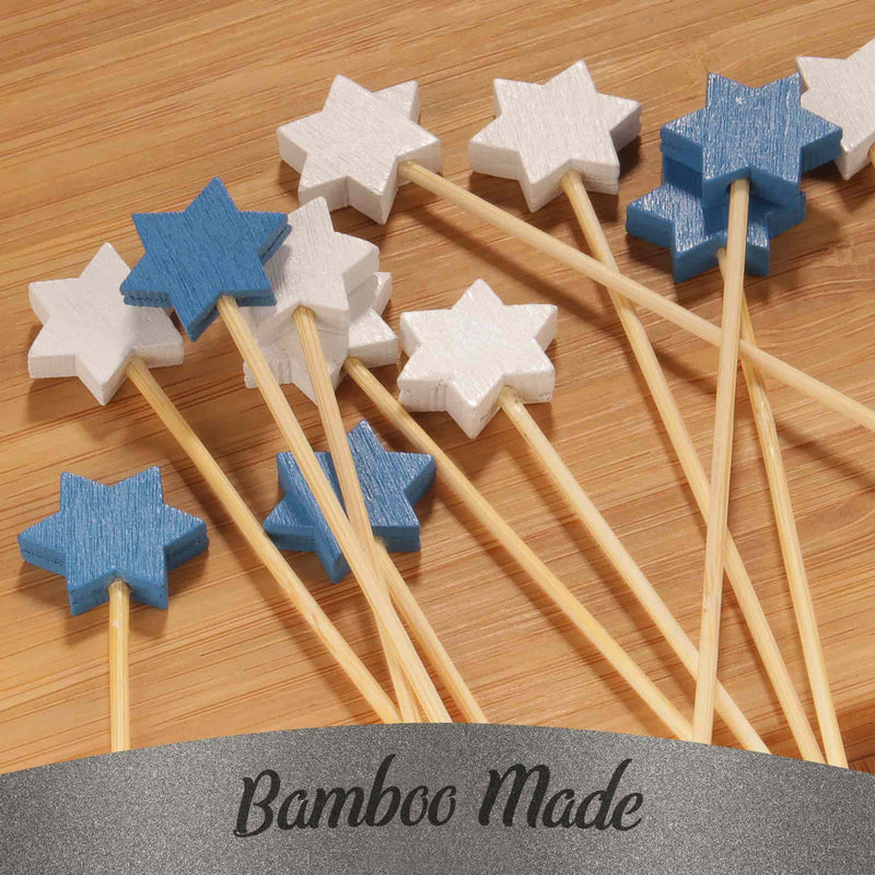 holiday 6 point star bamboo picks skewers food drink blue white closeup made