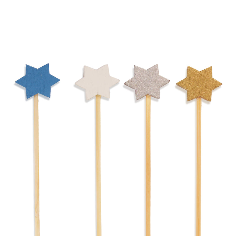 holiday 6 point star bamboo picks blue white silver gold