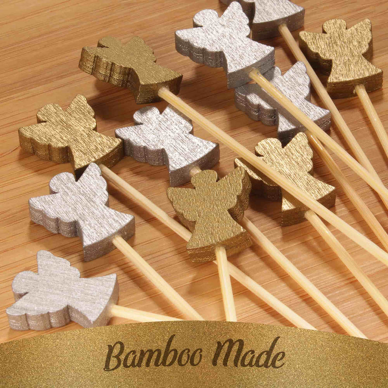 holiday angel picks skewers food drink gold silver closeup bamboo made