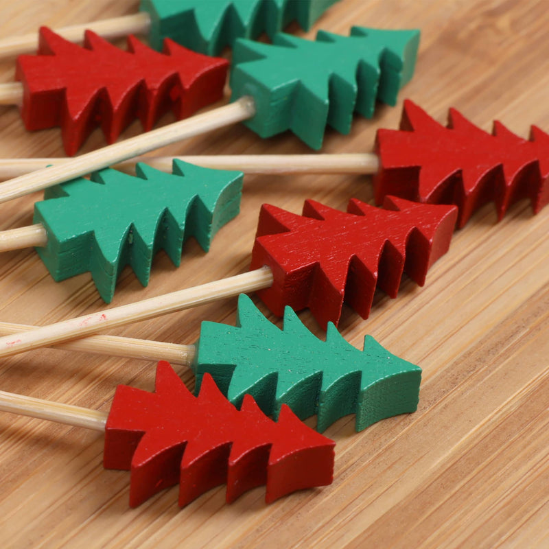 Bamboo food drink skewer picks swizzles stir sticks for holidays christmas hanukkah winter events catered parties red green forest evergreen pine trees close