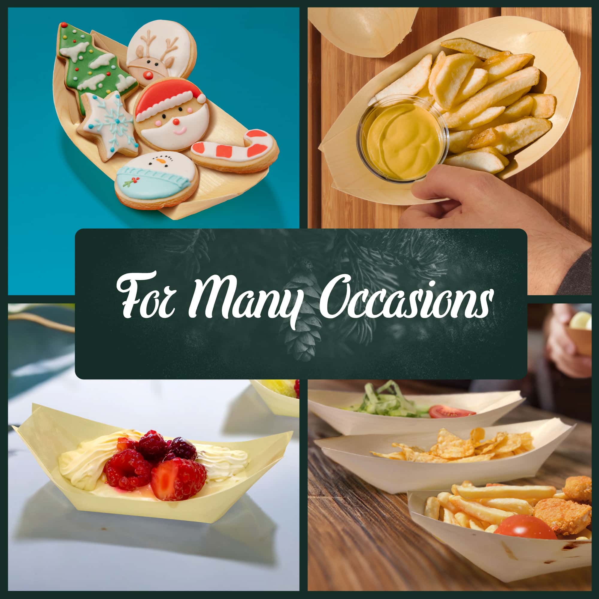 for many occasions pine wood boats christmas holiday cookies santa reindeer snowflake snowman fries mustard cream raspberries nuggets tomatoes salad