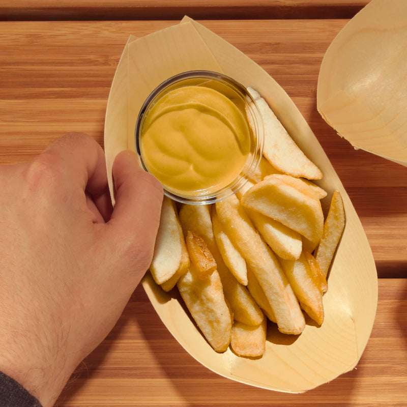 pine wood boat fries mustard food yellow disposable appetizer dessert snack