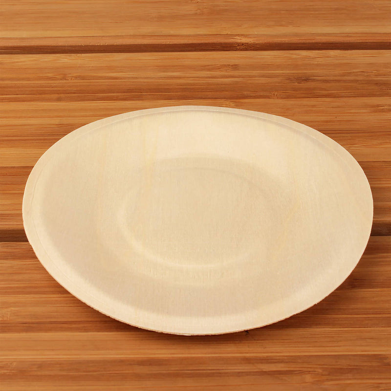 wood pine disposable food appetizer plates bamboo background 5.5" inches