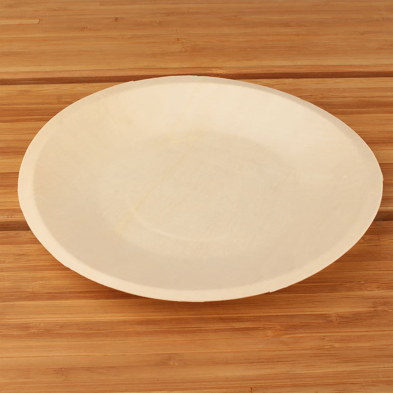 wood pine disposable food appetizer plates bamboo background 7.5" inches