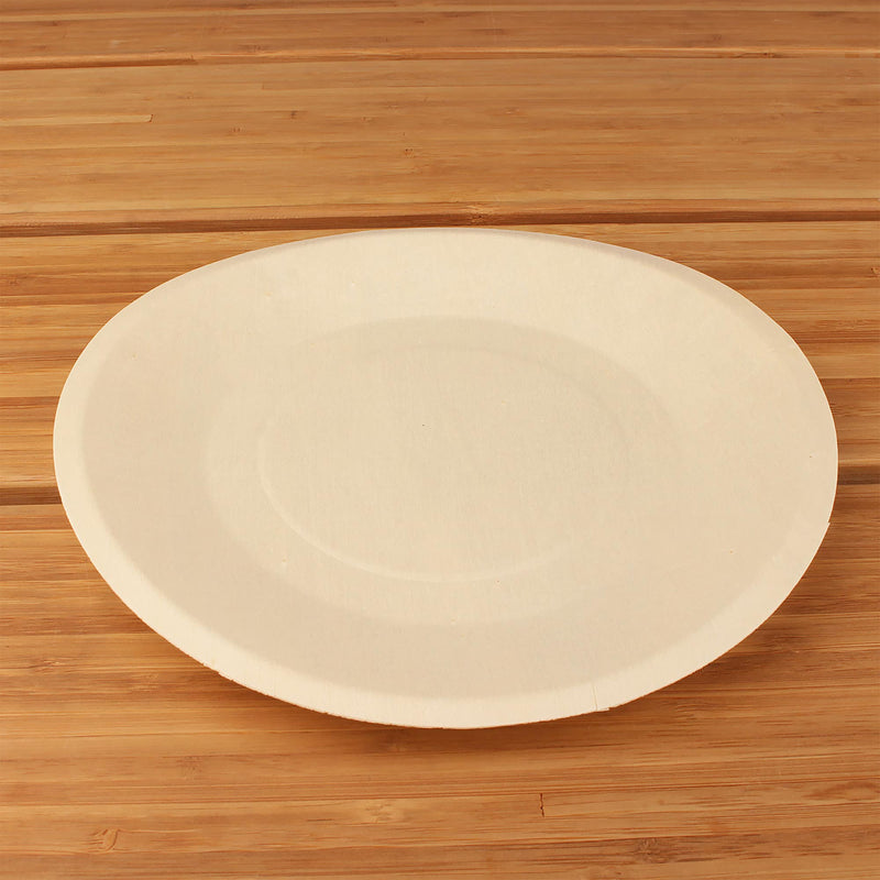 wood pine disposable food appetizer plates bamboo background 8.5" inches