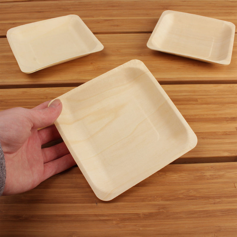 pine wood square plates food appetizer wood background 5.5" inch