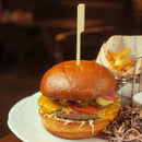 bamboo paddle pick cheeseburger hamburger burger sandwich skewer stick kebab fries coleslaw