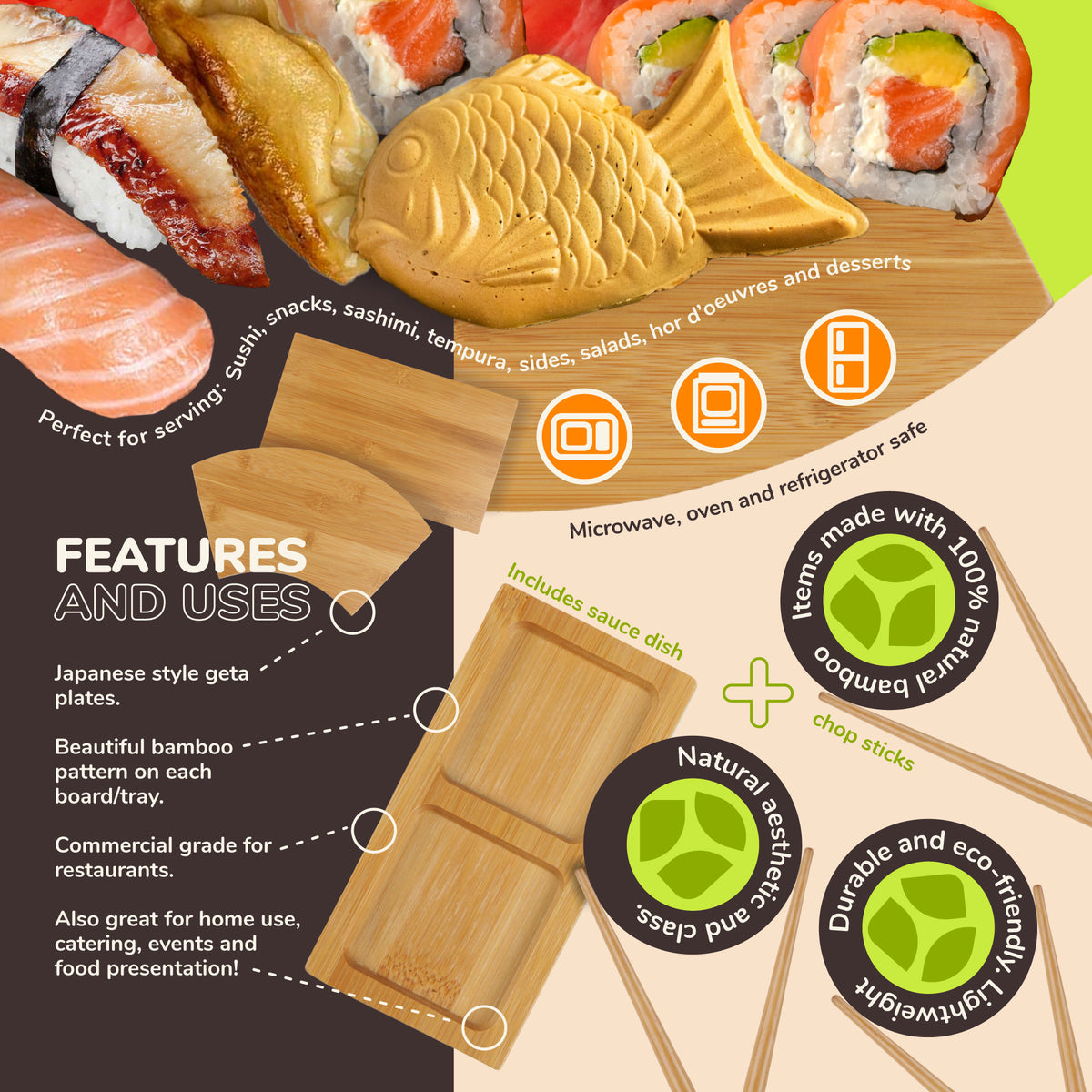 Bamboo Sushi Board Tray, Chopsticks and Compartment Sauce Dish, Various  Sizes and Style
