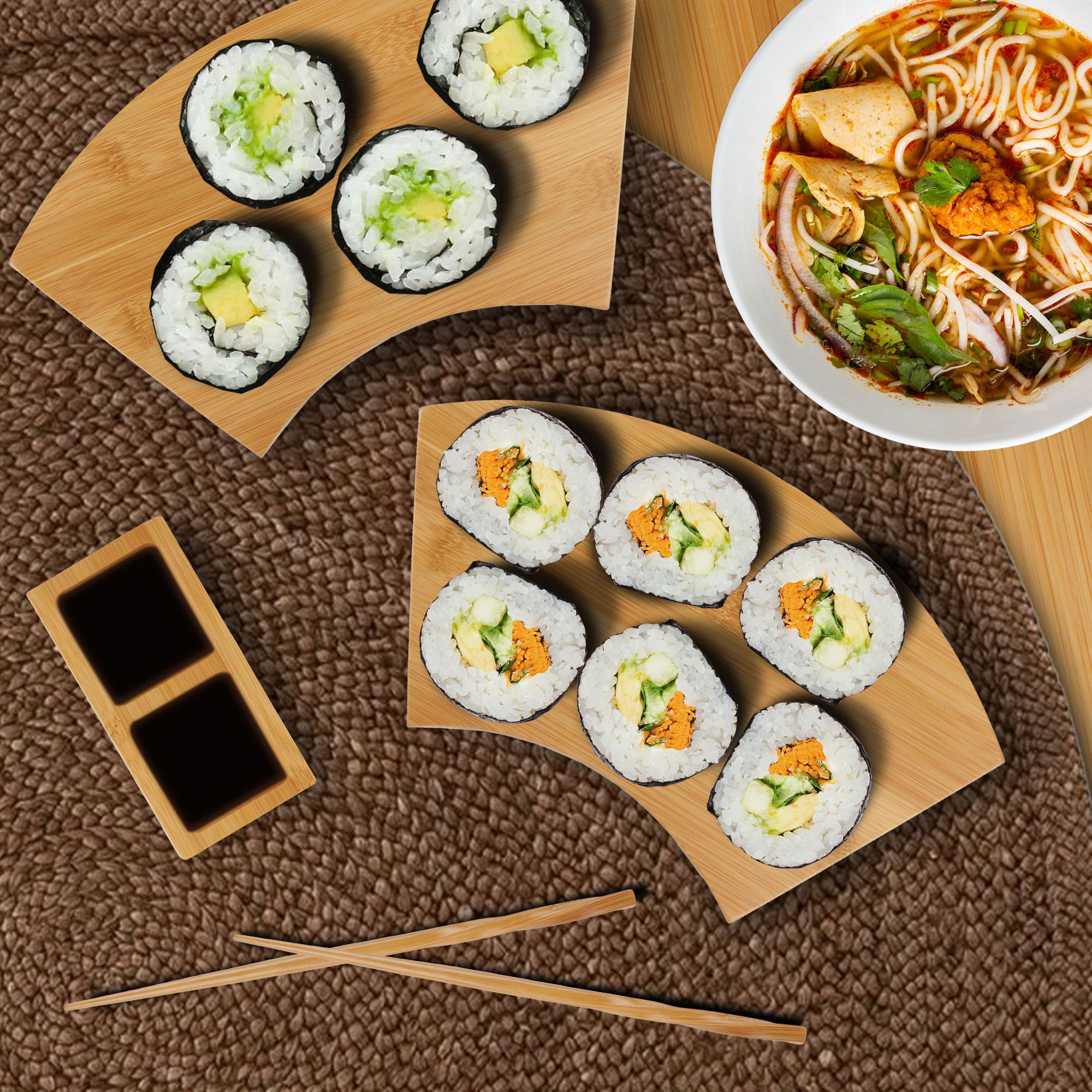 Bamboo Sushi Board Tray, Chopsticks and Compartment Sauce Dish Sets