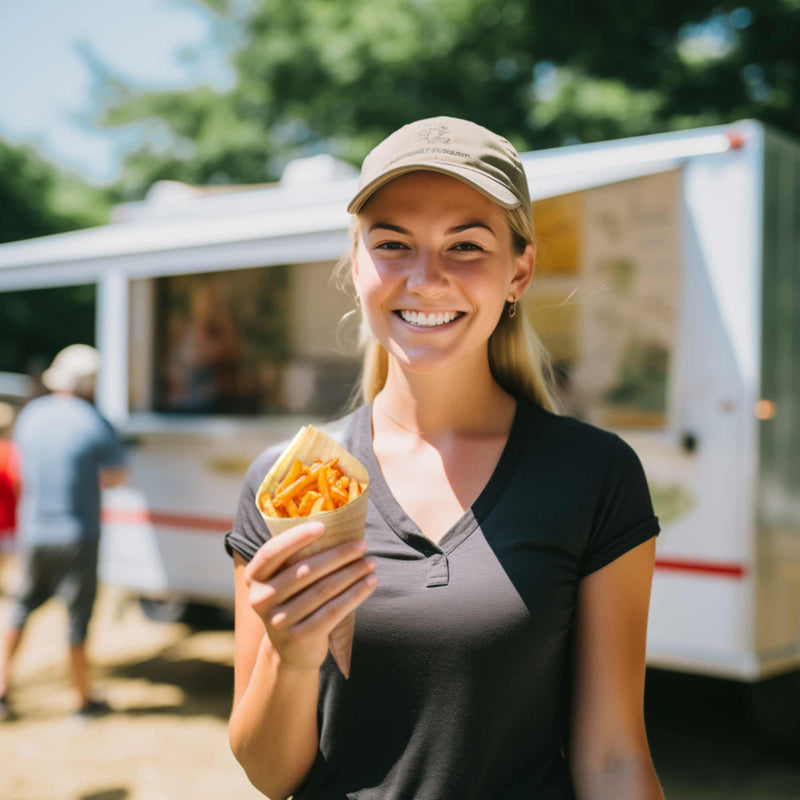 wood cone fries food catering food truck girl guy