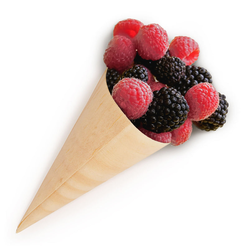 pine wood disposable cone food fruit appetizers raspberries blackberries