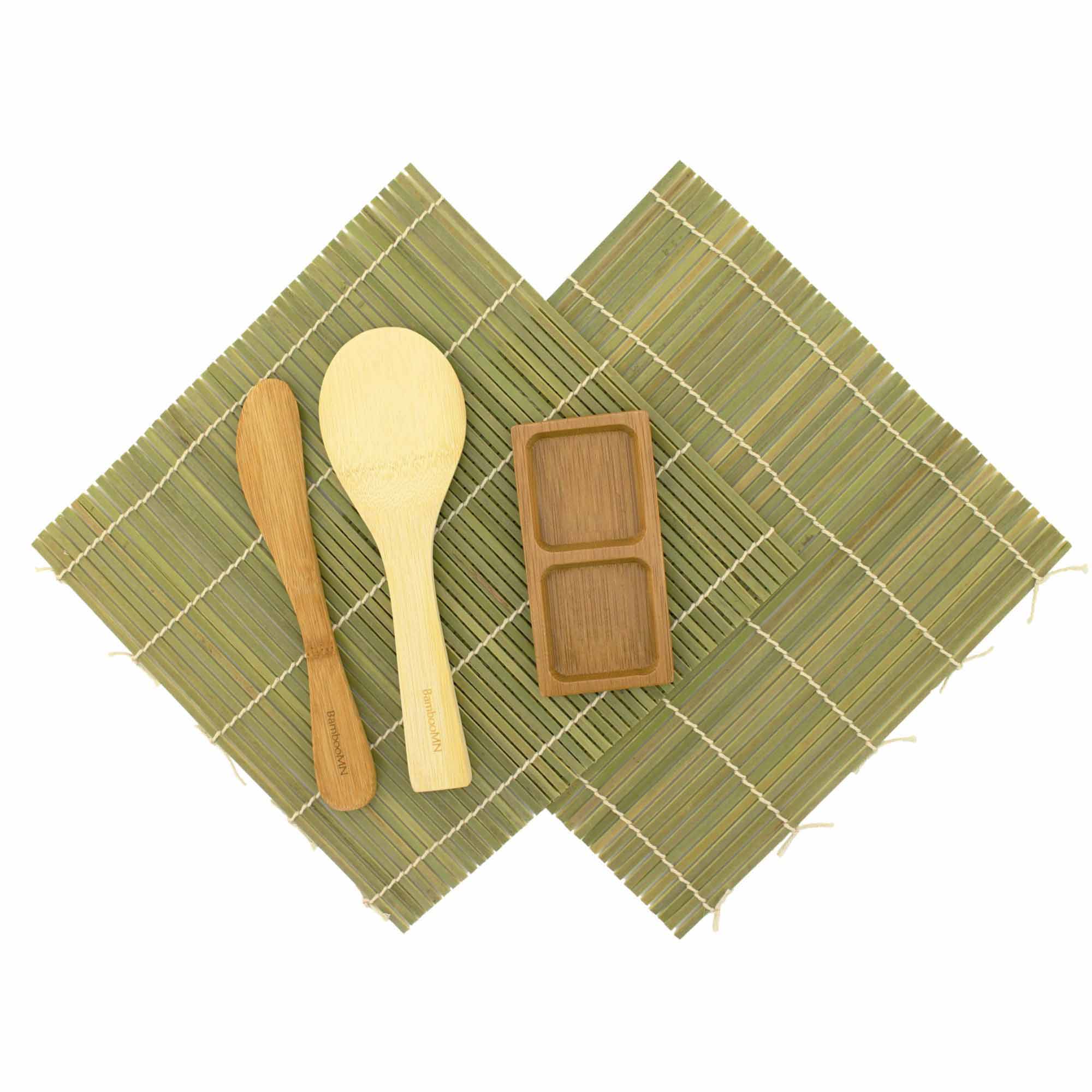 Sushi Rolling Kit - 2x rolling mats, 1x rice paddle, 1x spreader, 1 Compartment Sauce Dish