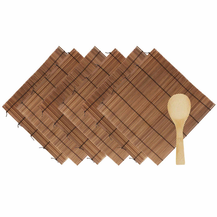 bamboomn 6 Carbonized Bamboo Sushi Rolling Mats with Rice Paddle