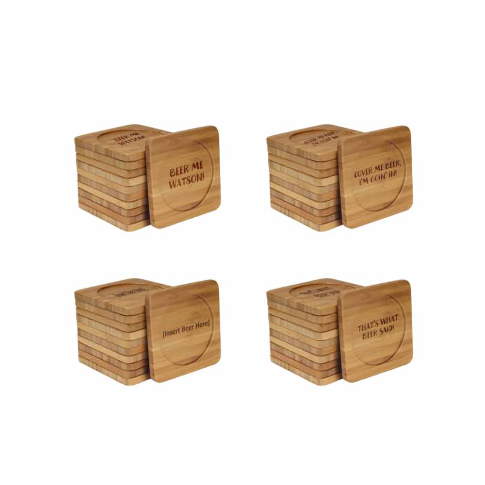 Assorted Laser Engraved Bamboo Coasters - Beer/Wine Themed - Square