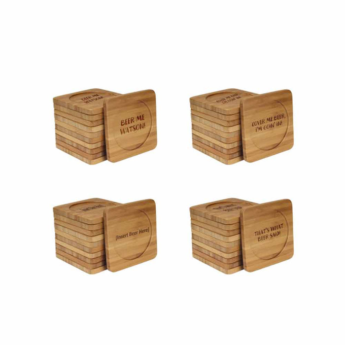 bamboomn Beer and Wine Phrases Square Custom Engraved Bamboo Coaster Set